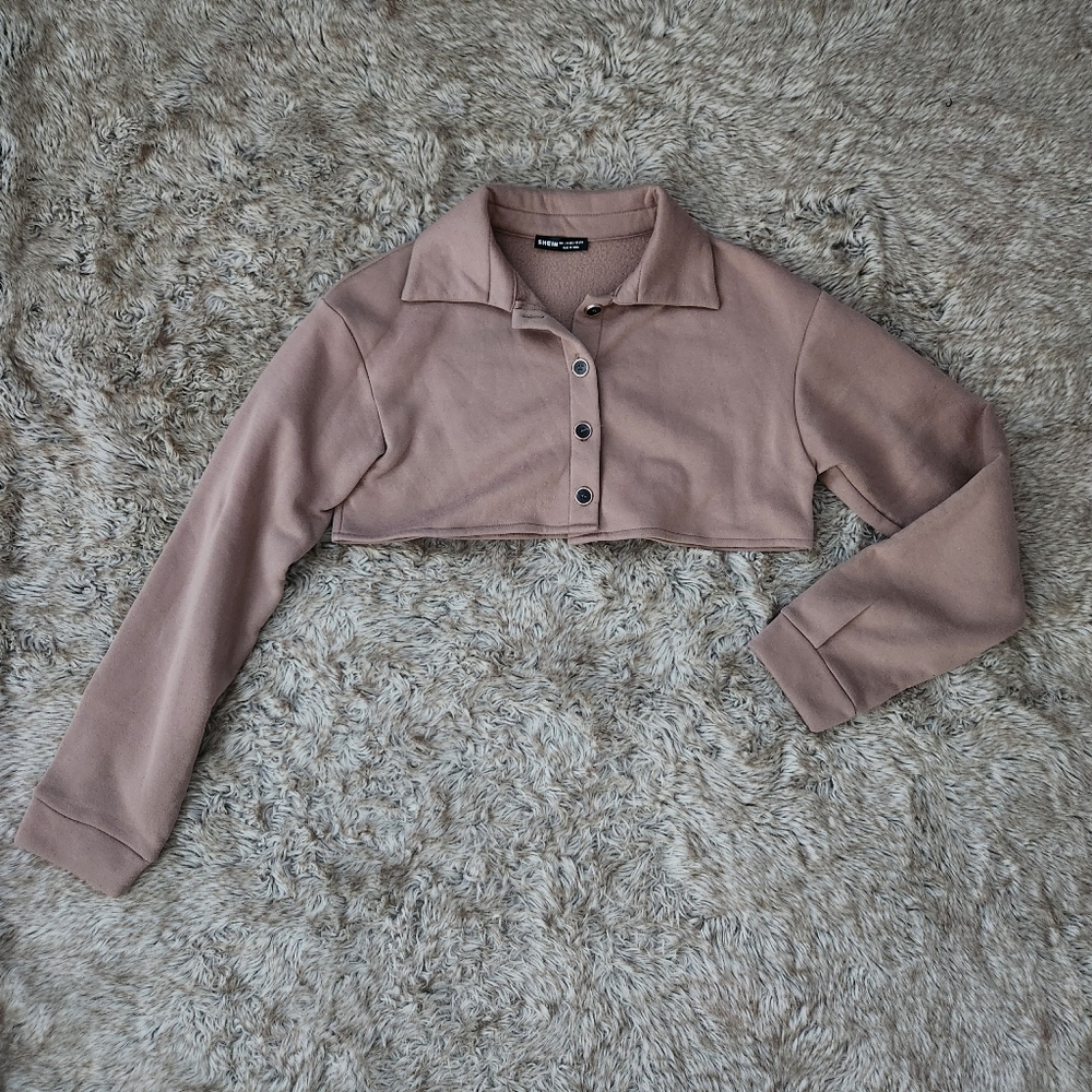 SHEIN Long Sleeve Collared Button Down Fleece Cropped Shacket‎ Women's Large